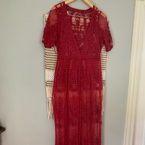 Women’s Large/XL burgundy sheer lace maxi dress
